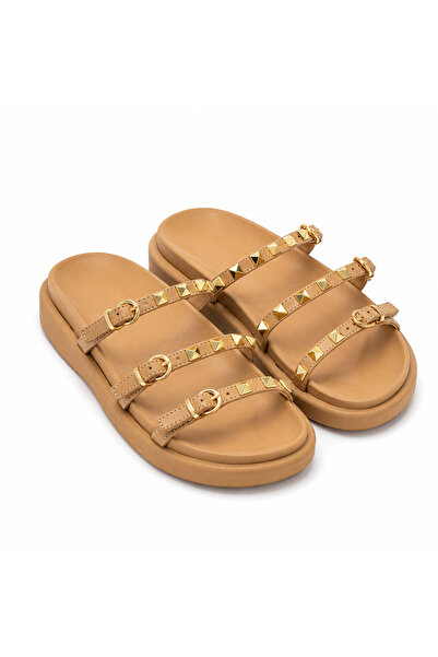KOTAN Women's Stone Detailed Buckle Stylish Slippers – Mink Gold Color Access...