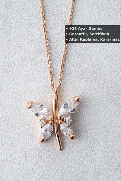 Jewelmim Kelebekli Gümüş Kolye | Rose Altın Kaplama Sevgiliye Hediye 925 Ayar...