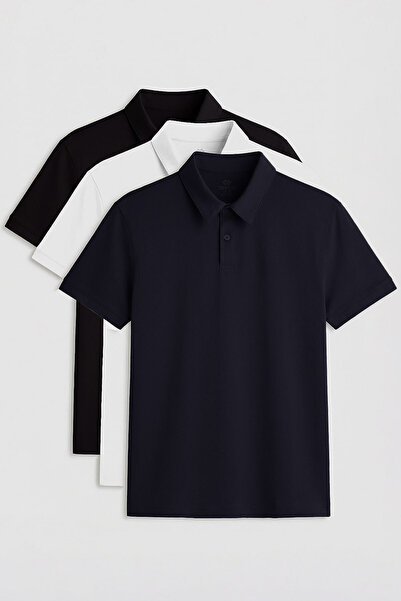 TOMMY LIFE Ανδρικό μπλουζάκι Standard Fit Basic Polo Neck 3 Pack Μαύρο-Λευκό-...