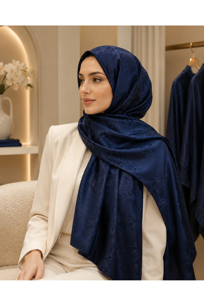 BG SCARF Lacivert Etnik Desenli İpek Jakar Şal