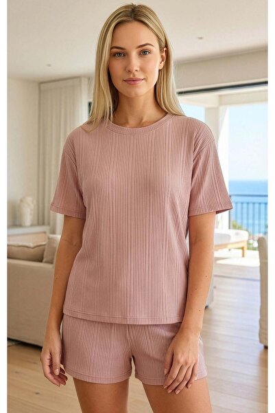 DOWRY Women's Textured Knitted Crew Neck Short Sleeve Shorts Summer Set 06-74