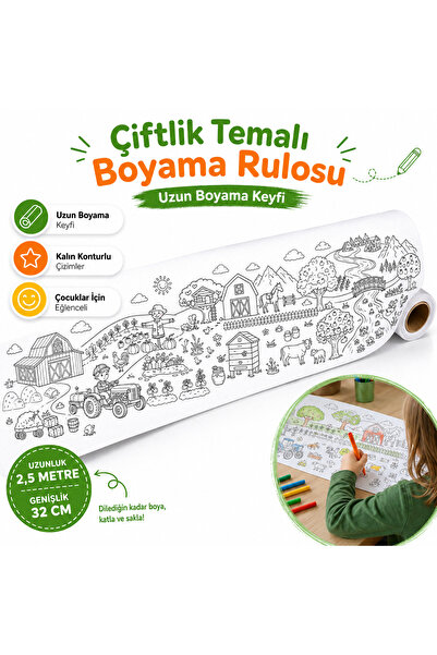 AHDTOPTAN Çiftlik Temalı Boyama Rulosu 32 cm x 2,5 Metre | Çocuklar İçin Uzun...