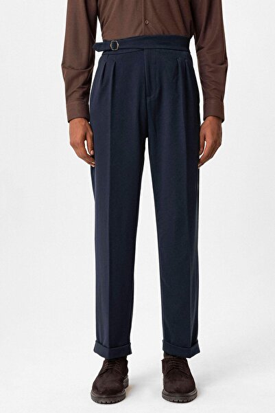 Antioch Dark Navy Blue Buckle Detailed Pleated High Waist Men's Trousers