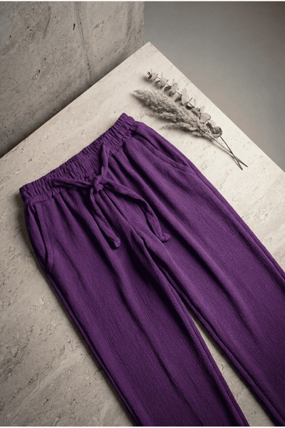 USLULAR Women's Wrinkled Fabric Wide-Leg Trousers with Lace-Up Waist and Comf...