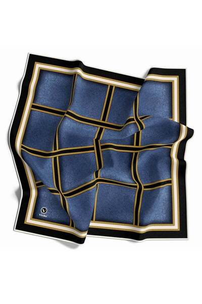 VİOLLA Kristal Taş Efektli Gold Şerit Desenli İndigo Renkli 90x90 Eşarp (İpek...