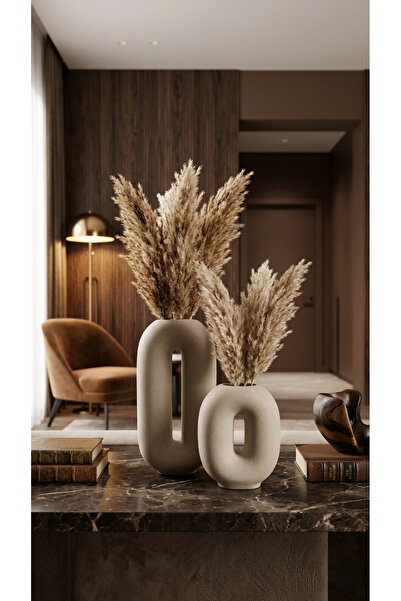 Melse Home's Seramik Dokulu Zero Model 2'li Vazo,Bej,Krem