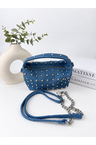 Women's Navy Blue Denim Handbag Silver Staple Detailed Mini Bag Casual Stylish Denim Bag