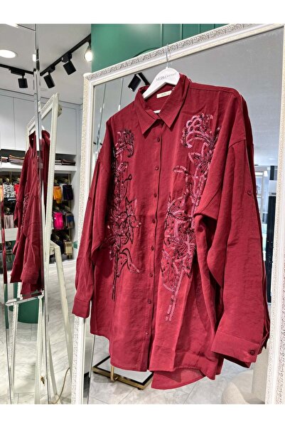Modario Adn Embroidered Shirt Linen Mix - Bordo - 2