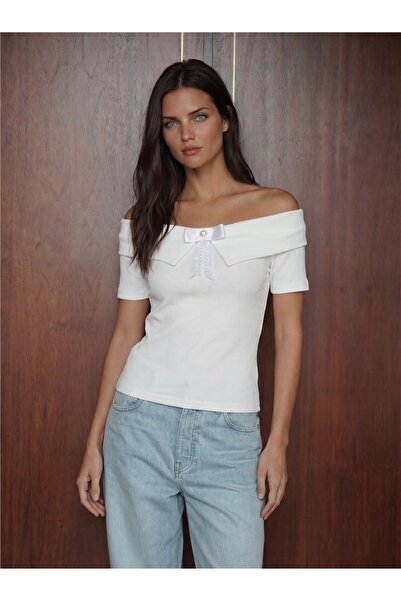 WeShaya White Polyester Knitted Short Sleeve Off Shoulder Ribbon Detailed Top...