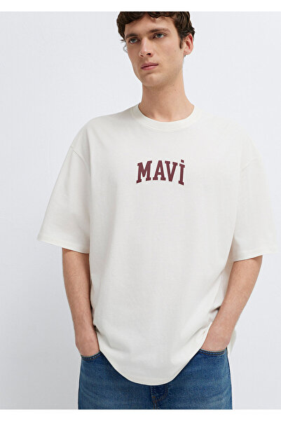 Mavi Ecru-T-Shirt mit Logo-Print, Oversize / weiter Schnitt 0613578-70057