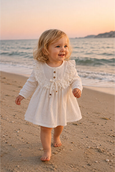 MİNİCİX COLLECTİON Müslin Kız Bebek Fiyonklu Beyaz Elbise 9 Ay-12 Ay-18 Ay-2Y