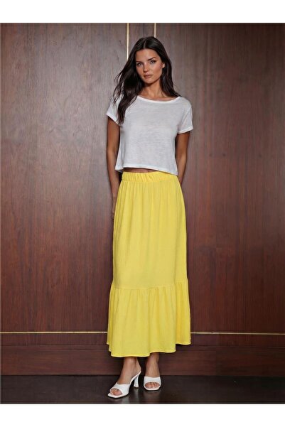 WeShaya Yellow Knitted Fabric Elastic Waist Long Skirt 90 cm Length Polyester...