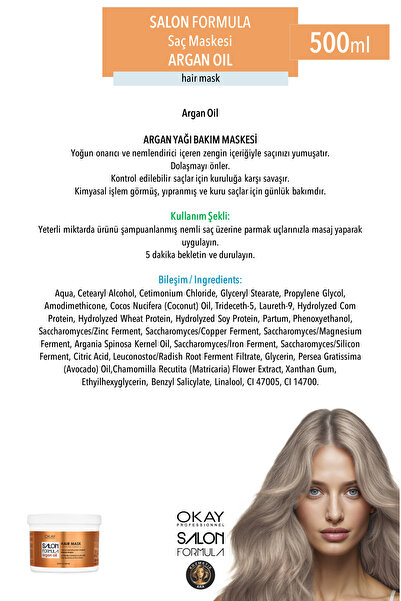 OKAYPROFESSIONNEL SALON FORMULA Çok Yıpranmış ve Kuru Saçlar İçin 2'li ARGAN Saç Maskesi (500ml x 2 adet)