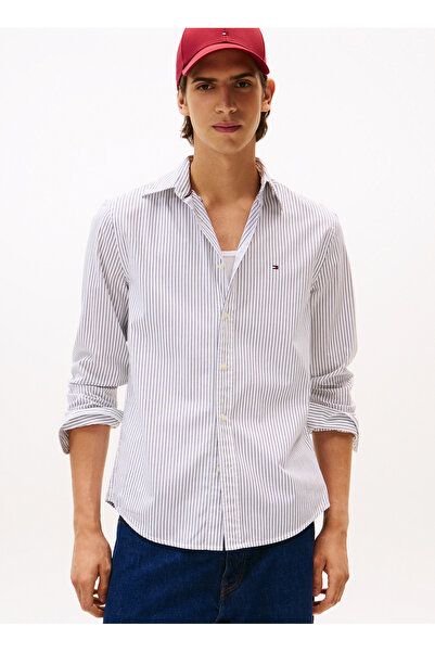 Tommy Hilfiger Erkek TH Flex Regular Fit Çizgili Gömlek - Beyaz/Mavi