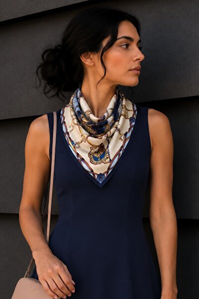 AFVENTE Binicer Pattern Navy Blue-Cream Soft Bandana Scarf 50X50 cm