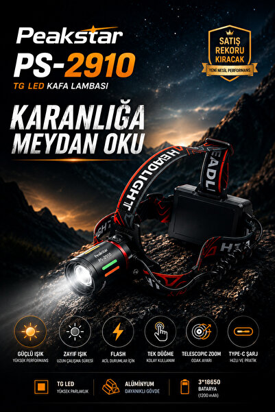 PeakStar PS-2910 3000 Lümen Şarjlı Profesyonel Zoomlu 30W Kamp Avcı Balıkçı K...