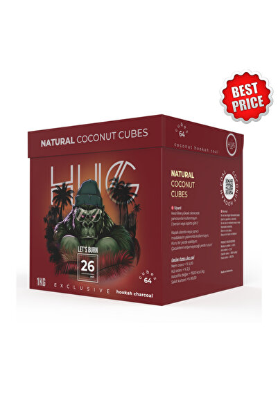 HUG Coal 26 mm %100 Doğal Hindistan Cevizi Nargile Kömürü 1 kg (64 Küp)