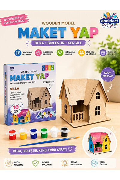 andelart Ahşap Boyama Maketi Villa Modeli, Akrilik Boya ve Fırçası ile Beraber