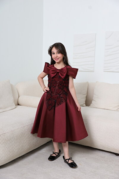 zelia Luxury Maroon Dress with Large Bow and Lace Embroidery for Girls |