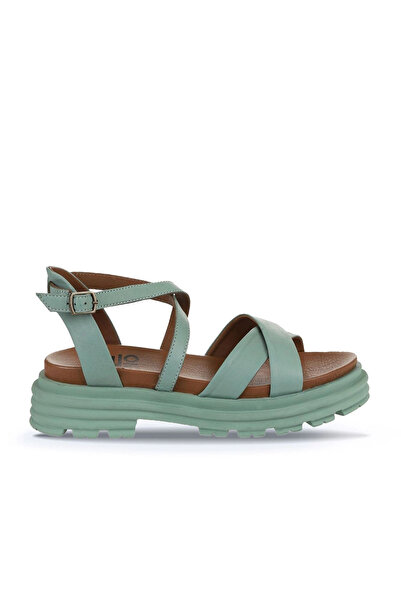 Bueno Shoes Πράσινα δερμάτινα γυναικεία πέδιλα με τακούνι 01wy8305