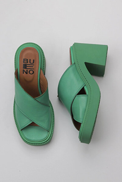 Bueno Shoes Πράσινες Σκούρες Δερμάτινες Γυναικείες Παντόφλες με Τακούνι 01wy1...