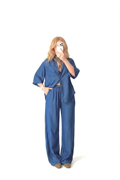 Madame Lestrange Women's Dark Blue Color Tencel Fabric Buttoned Shirt Lace-Up Trousers Bottom Top Stylish Set