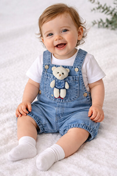 Maxi İdol Yazlık Unisex Bebek Denim 2’li Takım - Ayı Aplikeli Cepli Salopet V...