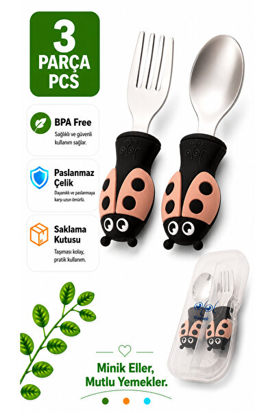 jojobebek Uğurböceği Premium Çocuk BPA'sız Silikon Saplı Paslanmaz Çelik Uçlu...