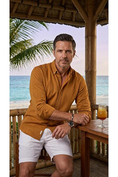 MEGALDİ Erkek Linen Keten Slim Fit Hardal Sarı Uzun Kollu Gömlek