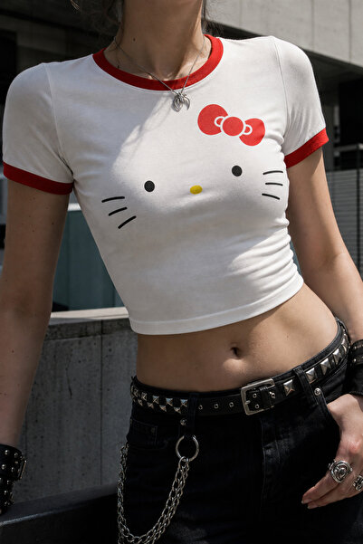 Carpe Red Kitty Kadın Crop Top Kedi Baskılı Y2K Streetwear Kısa Tişört