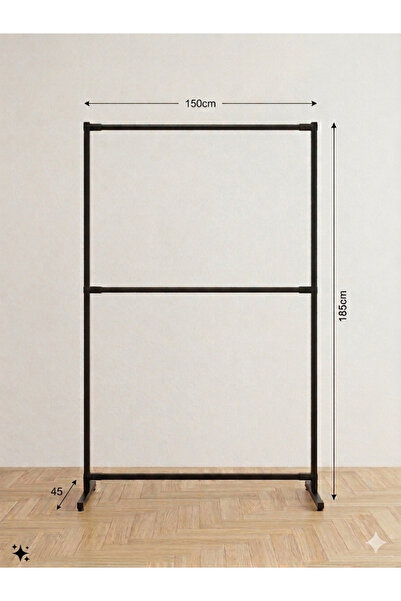 NovaLand Metal İki Katlı Konfeksiyon Ayaklı Elbise Askılık Tekerlekli 185x150x45