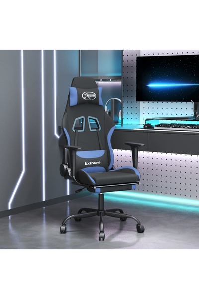 Concept Scaun de gaming pivotant cu taburet, negru și albastru, textil