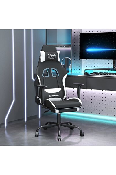 Concept Scaun de gaming cu suport picioare, negru și alb, textil