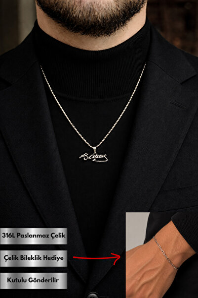 Tixy Pixy 316L Stainless Steel Ataturk Signed End Knitted Chain Silver Men's ...