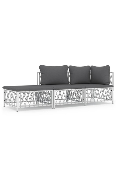 vidaxl Set mobilier de grădină cu perne, 3 piese, alb, oțel