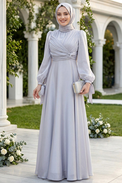 Neva Style Drape Detaylı Gri Tesettür Abiye Elbise 4823GR