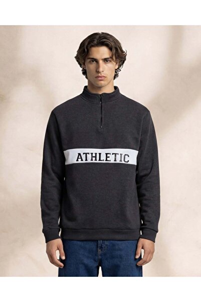 REDTAG Men Dark Grey Half Zip Cut & Sew Sweatshirt