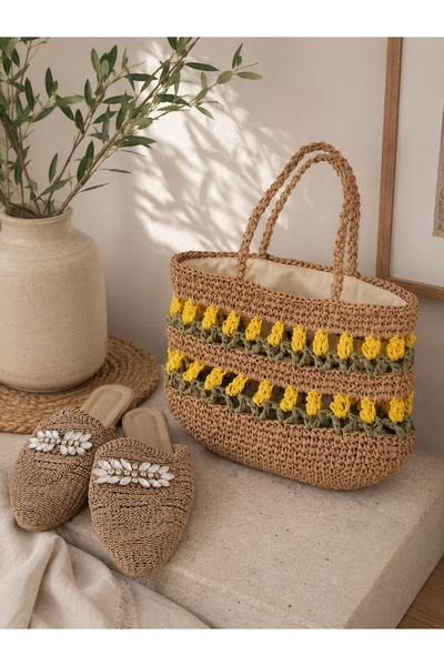 ARTTMACRAME Geantă tote din paie, cu flori galbene, lucrată manual - Stil Boh...