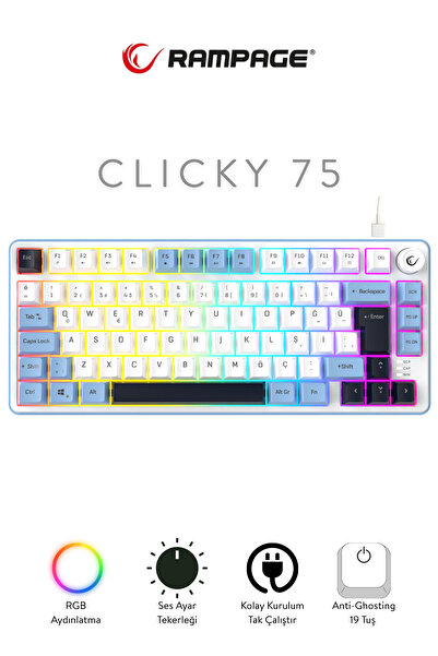 Rampage Clicky 75 Üç Renkli Mekanik Hisli RGB Türkçe Q Membrane Oyuncu Klavyesi