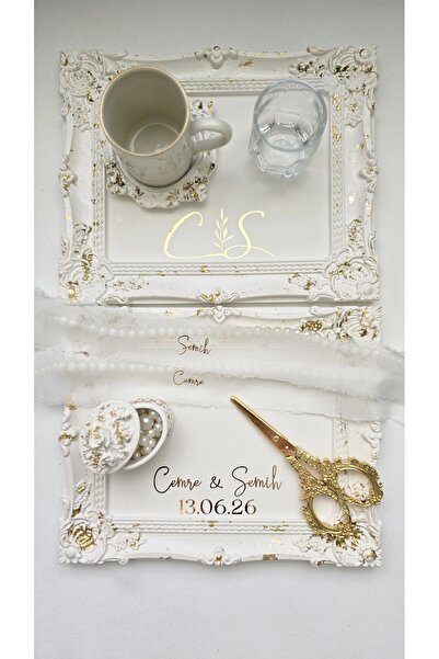 AmoreDesign Vintage Gold Varaklı Nişan Tepsi Seti, Nişan Tepsisi, Söz Tepsisi...