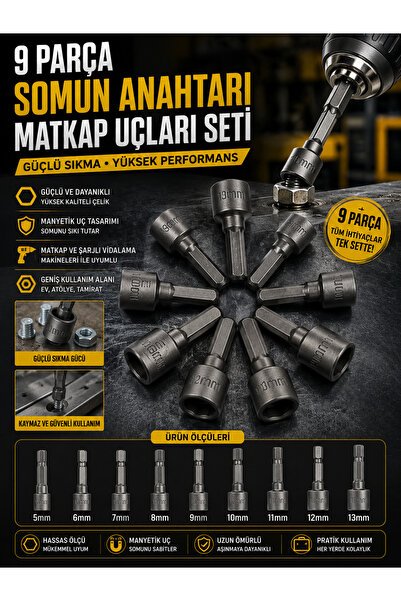 mucit home 9 Parça Somun Anahtarı Somun Matkap Uçları Sıkma Seti