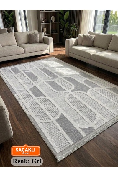 NaRStore Home Kaymaz Taban Gri Saçaklı Modern Geometrik Desenli Kalın Yıkanab...