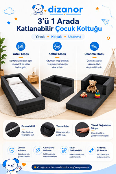 Dizanor CozyGo Katlanabilir Çocuk Koltuğu ve Yatağı 3’ü 1 Arada Antislip Taba...