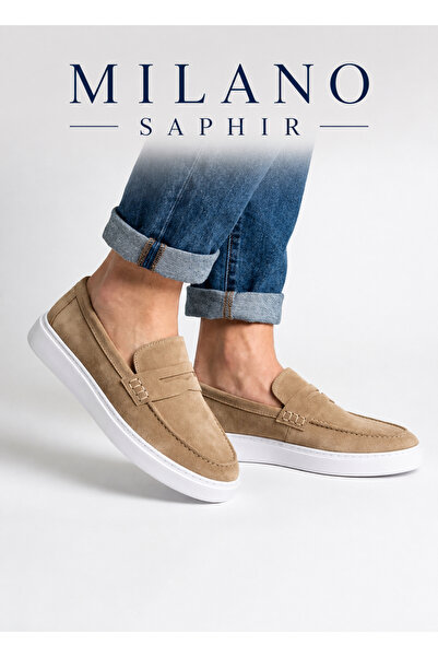 Milano Saphir Loafer Bej Süet Hakiki Deri Dikişli Eva Taban