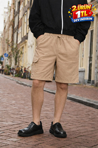 DAMGA JEANS Erkek Premium Jogger Relax Kargo Cepli Bej Keten Şort