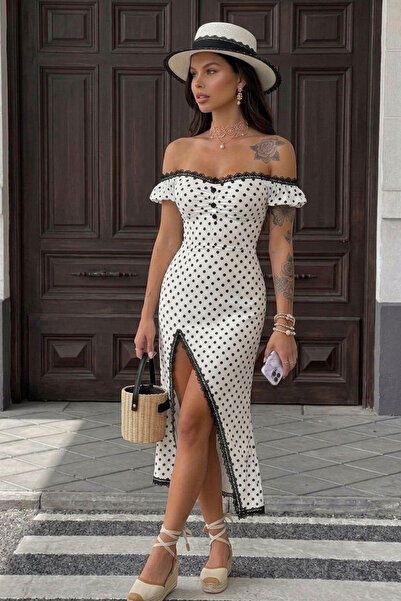 Tayt Factory Off-Shoulder Polka Dot Slit Midi Dress