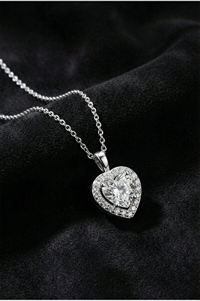 Roza Silver 925 Ayar Zirkon Taşlı Rodyum Pırlanta Görünümlü Kalp Gümüş Kolye