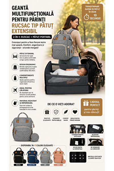 Extramall Geantă multifuncțională pentru părinți – Rucsac tip pătuț extensibi...