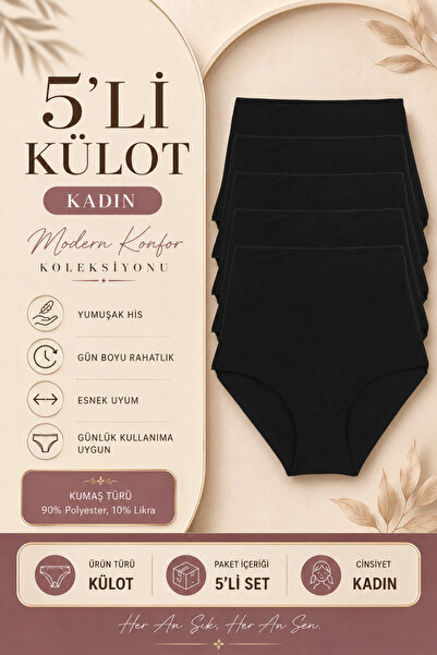 Nicoletta Kadın Külot Ekstra Yüksek Bel Lazer Kesim Esnek Iz Yapmayan 5 li Paket Polyester SİYAH