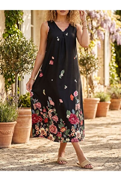 Iuliashop Annemai Μακρύ Μαύρο Φόρεμα με Κόκκινο Φλοράλ Σχέδιο - S